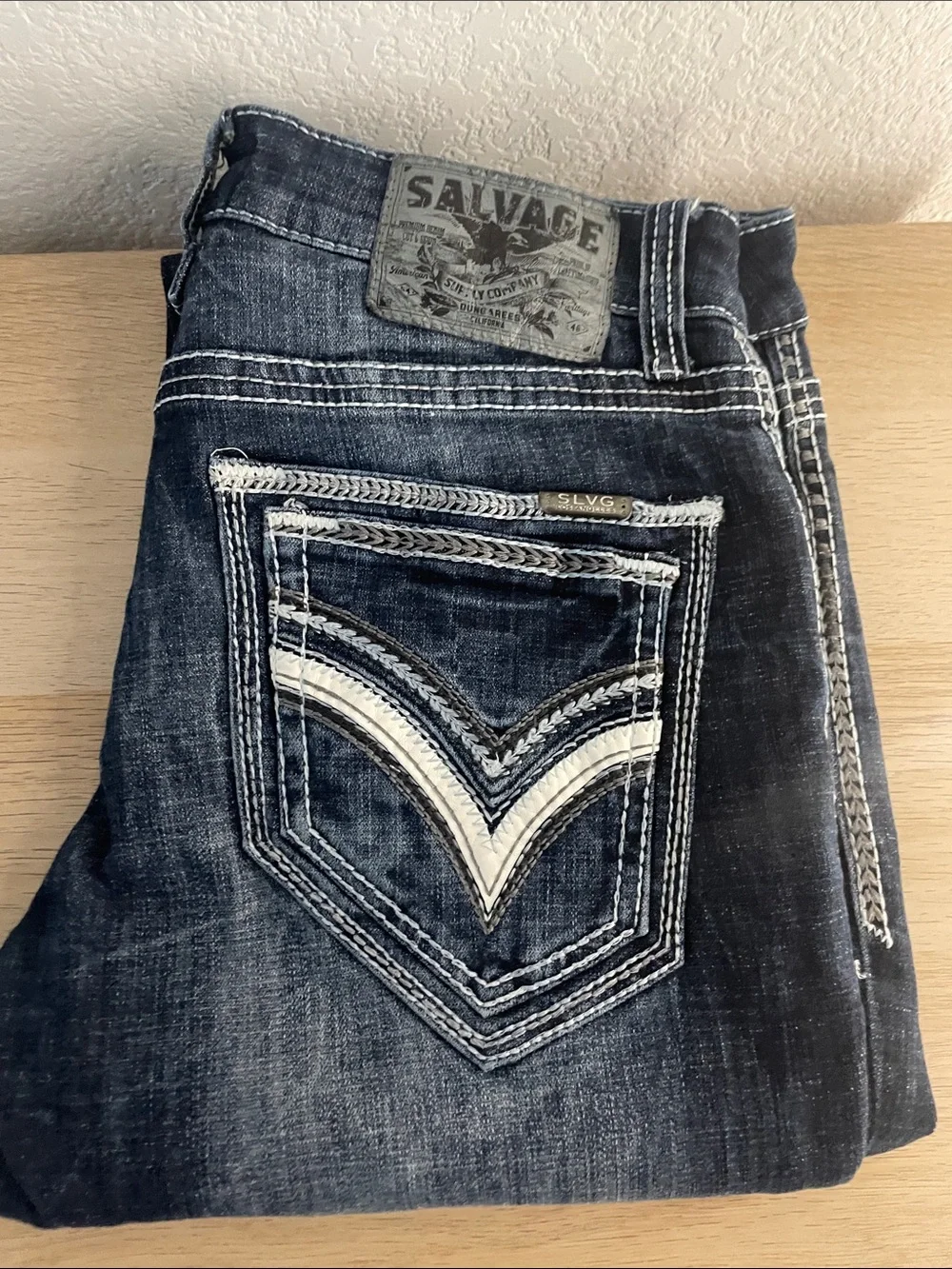 Salvage Dark Indigo Bootcut Jeans with White Contrast Stitching